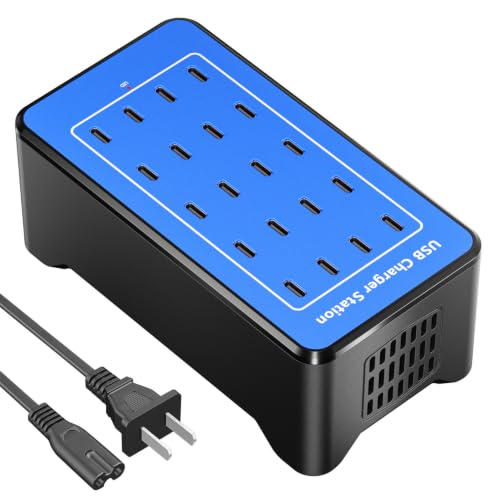 USB C Charging Station, USB C Charger Block for iPhone, Android, Smartphone, Tablet, Samsung, AirPods, and Smart Watch Multiple Devices, 20-Port 100W Multi Port Desktop Charger - color: Blue-20 port