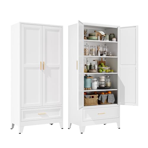 YAUWOH 71''Tall Kitchen Pantry Cabinet with Drawer,5-Tiers Metal Pantry Storage Cabinet with 4 Adjustable Shelves and 2 Barn Doors, Freestanding Farmhouse Food Cupboard for Dining Room (1PC,White) - color: White, size: 71"H-2 Doors 1 Drawer