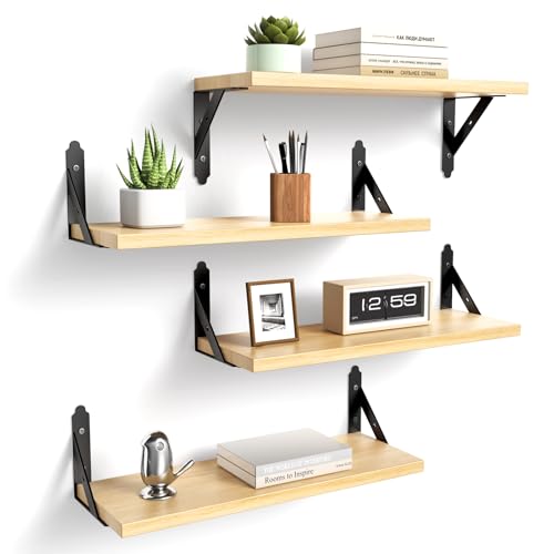 ROMGUAR CRAFT Wood Floating Shelves Set of 4, Rustic Storage Decor Wall Shelves, Wall Mounted Shelf for Living Room, Bedroom 17" x 6", Natural - color: Natural, size: 17" x 6"