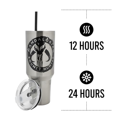 Bioworld Star Wars Mandalorian Mythosaur Skull Bounty Hunter Logo 40 Oz Silver Stainless Steel Tumbler - color: Mythosaur Skull