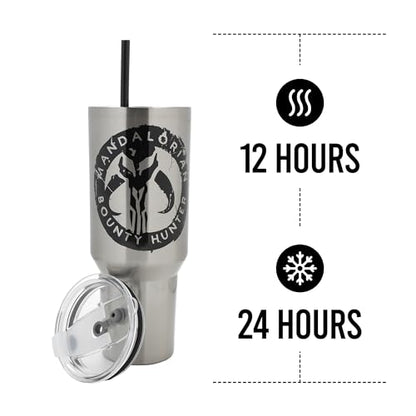 Bioworld Star Wars Mandalorian Mythosaur Skull Bounty Hunter Logo 40 Oz Silver Stainless Steel Tumbler - color: Mythosaur Skull