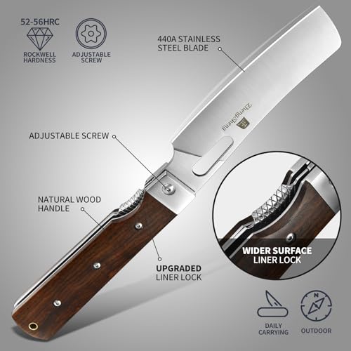 ZhengSheng Folding Chef Knife with Leather Pouch 4.8" Sharp 440A Stainless Steel Blade Wooden Handle Pocket Foldable Japanese Style Kitchen Knife for Outdoor Camping Cooking. - color: #5 Natural wooden Handle - Leather Pouch
