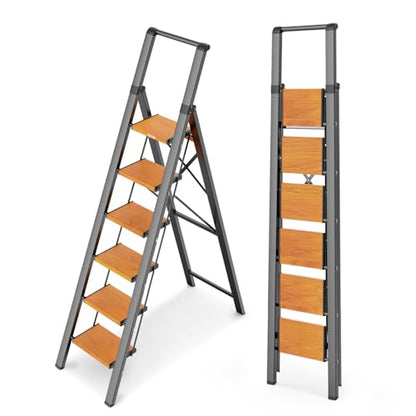 WOA WOA Step Ladder 6 Step Folding, Foldable Tall Ladder with Handrail, Aluminum Stepladder for High Ceilings, Lightweight, Deep Pedals, Anti-Slip Feet, Capacity 300 lbs - Black & Wood Grain - color: Black & Wood Grain, size: 6 step