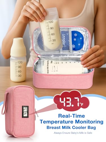 SUNMON Breast Milk Cooler Bag with Real-Time Temperature Display, Portable Travel Breastmilk Storage Case, Includes 2 Reusable Ice Packs, for Pumping Moms on The Go (Pink) - color: Pink