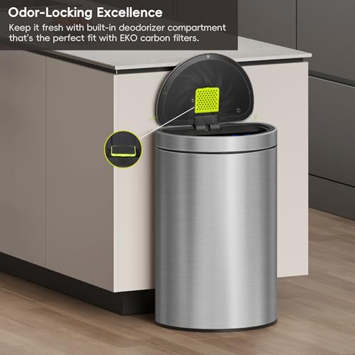 EKO Mirage Semi-Round Motion Sensor Trash Can, 47 Liter / 12.4 Gallon Automatic Large Kitchen Trash Can with Deodorizer Compartment, Removable Lid and Bucket, Matte Stainless Steel - size: Mirage 47L - Stainless Steel