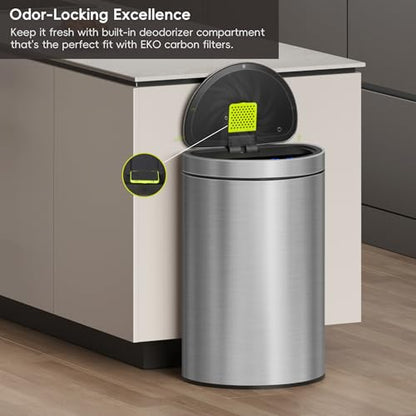 EKO Mirage Semi-Round Motion Sensor Trash Can, 47 Liter / 12.4 Gallon Automatic Large Kitchen Trash Can with Deodorizer Compartment, Removable Lid and Bucket, Matte Stainless Steel - size: Mirage 47L - Stainless Steel