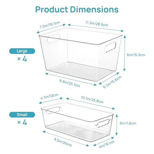 Vtopmart 8 Pack Clear Plastic Storage Bins Set, 4 Large and 4 Small Pantry Organizers and Storage Bins with Handle, Storage Containers for Pantry, Kitchen, Fridge, Cabinet Organization - size: 4 Large + 4 Small