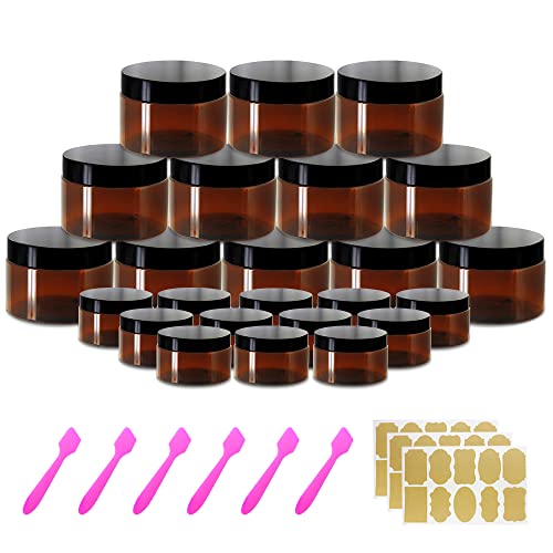 4oz Plastic Jars with Lids 4 oz Amber Plastic Containers with Lids + 20g Sample Containers (Set of 24) Airtight Container for Lip Scrub, Body Butters, Cream, Slime, Craft Storage - color: Brown, size: 4 OZ + Sample Jars