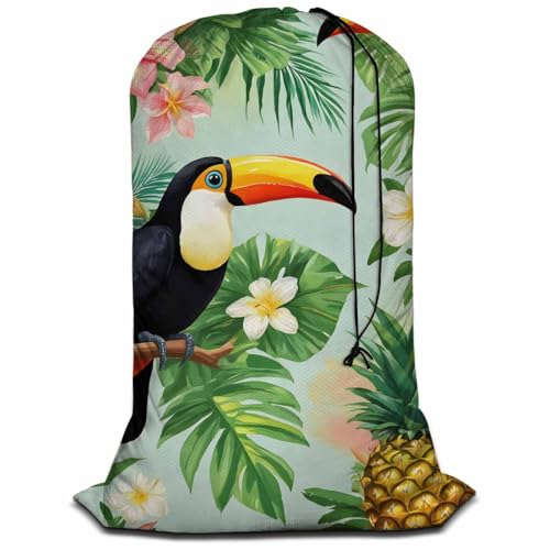 Swono Toucan Birds Laundry Bags 28" x 40", Tropical Palm Leaves Pineapple Hibiscus Versatile - Multi Use, Football Grid Oxford Cloth Machine Washable, Exotic - color: Toucan Birds