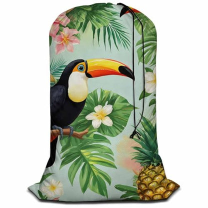Swono Toucan Birds Laundry Bags 28" x 40", Tropical Palm Leaves Pineapple Hibiscus Versatile - Multi Use, Football Grid Oxford Cloth Machine Washable, Exotic - color: Toucan Birds