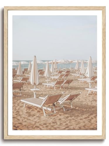 KISSFOX OAK Wood Framed Wall Art Coastal Wall Decor Beach Umbrella Canvas Art Neutral Pictures Landscape Paintings Travel Posters Aesthetic Artwork For Bedroom Office Living room - color: Beach, size: 8x10 Wood