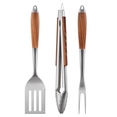 ENLOY Heavy-Duty Barbecue Grilling Tools Set, Outdoor Grill Accessories with Spatula, Fork & Tongs, Extended Rosewood Handle & Food-Grade Stainless Steel for Barbecue & Grill, 3Pcs BBQ Tools for Men