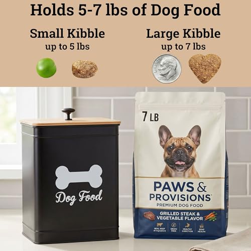 Dog Food Container Airtight 5-7 lb (25 Cup) Capacity - Cute Airtight Dog Food Storage Container with Bamboo Lid & Sturdy Metal Handle - Black Metal Kibble Storage Bin for Dogs up to 50 lbs - Pet Jar - color: Black