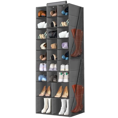 Hanging Shoe Organizer for Closet, Closet Hanging Shoe Storage Rack Holder Shelves,Collapsible Shoe Closet Organizers and Storage with 4 Large Side Pockets,25 Sections for Shoes,Hats,Clothes(Gray) - color: Grey, size: 25 Pockets-Closet Hanging