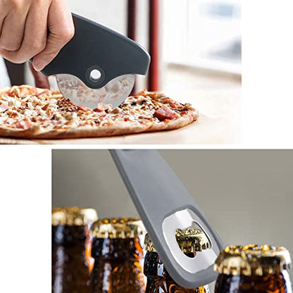 5 Pieces Kitchen Gadgets Set - Space Saving Cooking Tools Accessories Cheese Chocolate Grater, Fruit Vegetable Peeler, Bottle Opener, Pizza Cutter, Burlap Bags with Drawstring Gift Set - color: Black White Gray 4pcs