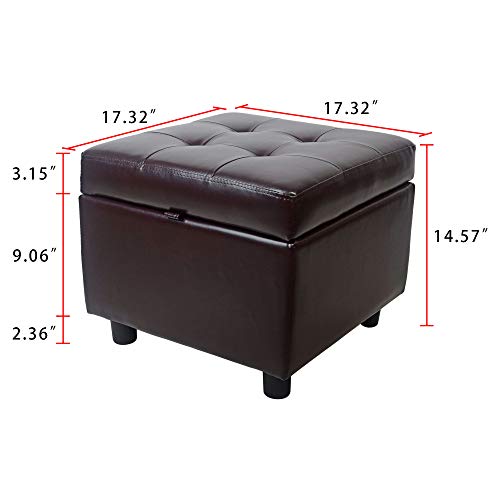 H&B Luxuries Tufted Leather Square Flip Top Storage Ottoman Cube Foot Rest (Brown with Storage) - color: Brown With Storage