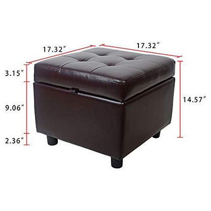 H&B Luxuries Tufted Leather Square Flip Top Storage Ottoman Cube Foot Rest (Brown with Storage) - color: Brown With Storage