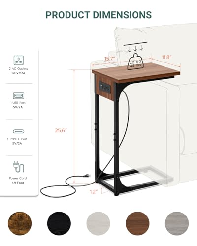 C-Shaped Side Table for Couch - Small Coffee Stand Sofa Tray Desk with Metal Frame Waterproof Scratch Resistant Wood Top and Built-in Charging Station, Rustic Walnut - color: Rustic Walnut, size: 1-Pack, style: Includes Power Outlets