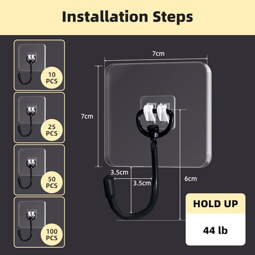 DTmasao 100 Packs Large Hooks for Heavy-Duty Hanging 44Ib(Max) Wall Hangers - No Nails, Self-Adhesive Traceless, Waterproof Rustproof, Bathroom Kitchen Home Use