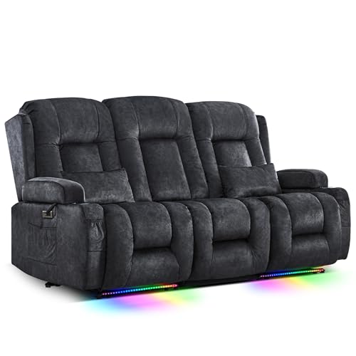 TUNYI Power Loveseat Recliner Sofa with Massage & Heat Home Theater Seating with Console RV Recliner Loveseat Sofa with USB/Storage/Side Pocket/LED Light/Speaker (Grey, 3 Seat) - color: Grey, size: 3 Seat