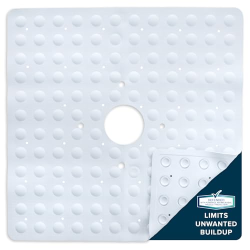 SlipX Solutions Square Natural Rubber Shower Stall Mat, 21” x 21”, Mildew Resistant, Non Slip Safety, Antimicrobial Product Protection, 140 Power Grip Suction Cups, Center Drain Hole, White - color: White