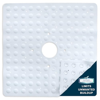 SlipX Solutions Square Natural Rubber Shower Stall Mat, 21” x 21”, Mildew Resistant, Non Slip Safety, Antimicrobial Product Protection, 140 Power Grip Suction Cups, Center Drain Hole, White - color: White