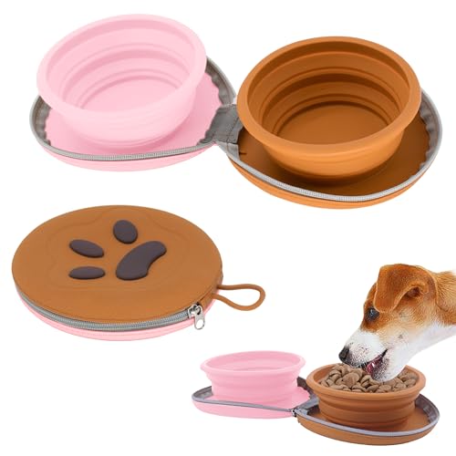 Collapsible Dog Bowls, 2-in-1 Pet Portable Travel Double Bowl Water Food Feeder Traveling Camping & Walking 25oz Brown Pink - color: Brown pink