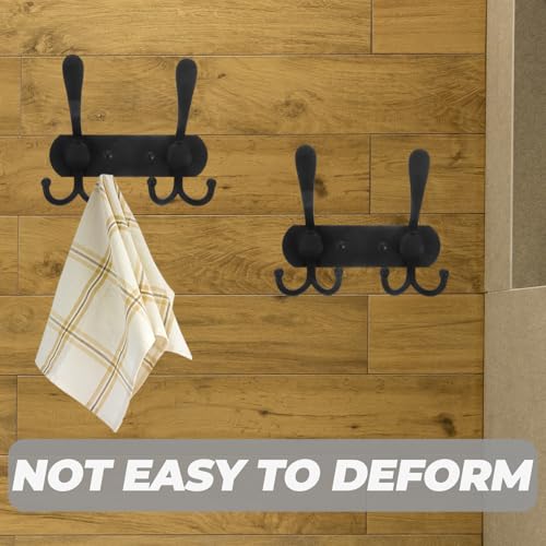 BESTonZON Wall Mounted Utility Hooks 3-Head Heavy Duty Coat and Key Hanger Black Double Line Bathroom Kitchen Bedroom Storage Organization
