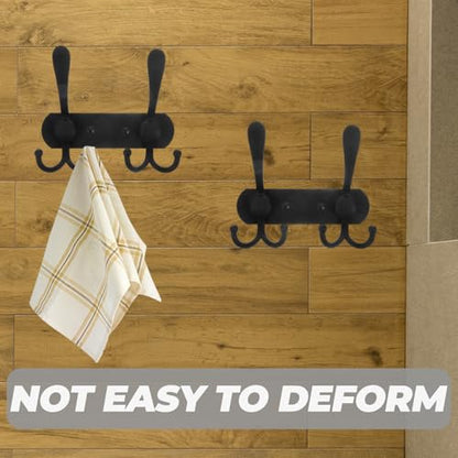 BESTonZON Wall Mounted Utility Hooks 3-Head Heavy Duty Coat and Key Hanger Black Double Line Bathroom Kitchen Bedroom Storage Organization