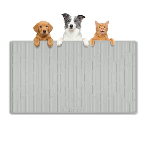 Silicone Cat & Dog Food Mat, 34" x 20" Large Pet Feeding Mat for Cats and Dogs Bowl, Pet Placemat for Food and Water with Raised Edge, Waterproof, Leakproof (Grey) - size: 34"x20"
