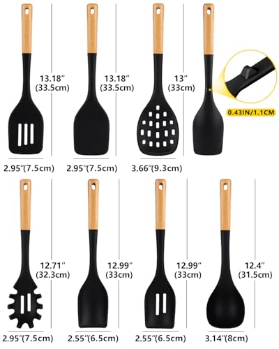 Silicone Kitchen Utensil Set for Non Stick Cookware, 7 Pcs Heat Resistant Cooking Utensils with Wooden Handle, BPA Free Kitchen Tools with Spatulas, Spoons, Skimmer and Pasta Fork (BLACK) - color: Black