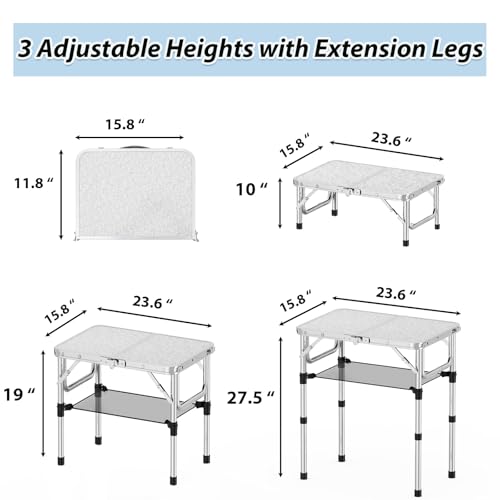 YihuiKo Small Folding Picnic Table with Storage Net, 3 Adjustable Heights 27.5" Aluminum Lightweight Portable Table with Carrying Handle for Camping Travel Indoor - size: 24"L x 16"W x 27"H