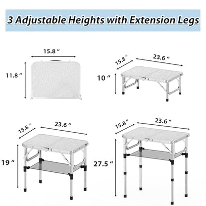 YihuiKo Small Folding Picnic Table with Storage Net, 3 Adjustable Heights 27.5" Aluminum Lightweight Portable Table with Carrying Handle for Camping Travel Indoor - size: 24"L x 16"W x 27"H