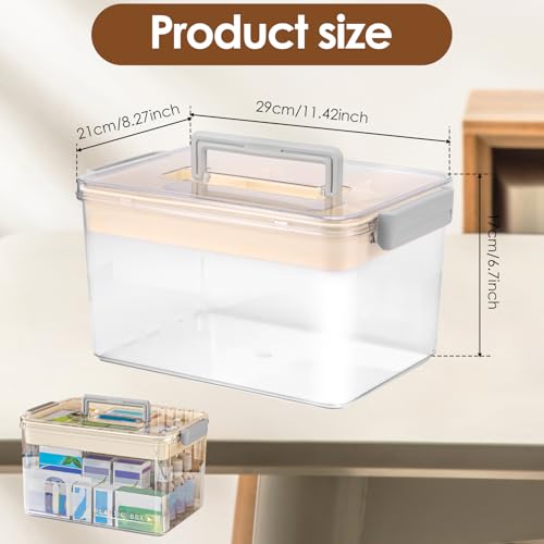 Medicine Organizer Storage Box with Handle, Clear Plastic First Aid Kit Organizer, Portable Multipurpose Emergency Supplies Container with Removable Tray for Home Office, Waterproof (Clear)