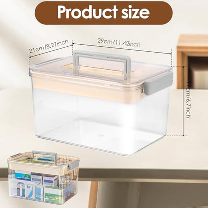 Medicine Organizer Storage Box with Handle, Clear Plastic First Aid Kit Organizer, Portable Multipurpose Emergency Supplies Container with Removable Tray for Home Office, Waterproof (Clear)