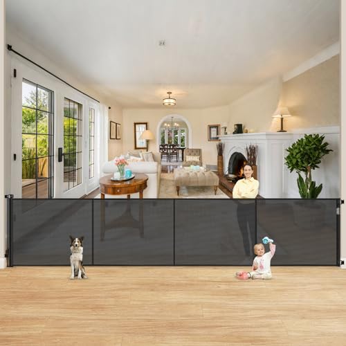 Reinforced 42" Extra Tall Retractable Dog Gate, 200" Extra Wide Baby Gate with Support Rods-Prevent Crawling Through, Outdoor/Indoor Baby Fence/Barrier/Blocker for Home, 16ft Retractable Garage Gate - color: Black, size: 42" Tall x 200" Wide（ With Reinfor