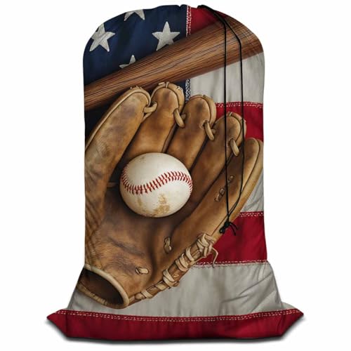 Swono American Flag Large Laundry Bag Washable Large Dirty Clothes, Vintage Baseball Bat Glove Sports Drawstring Organizer Bag, Fit Hamper Basket Camp Travel Home Home Dorm, Patriotic - color: American Flag