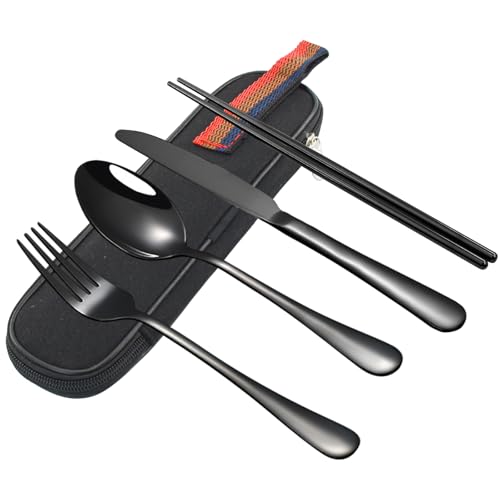 VANRA Portable Travel Utensils Set with Case 4-Piece Stainless Steel Camping Cutlery Set Reusable Silverware Set for Work Fork Spoon Knife Chopstick for Lunch Box School Picnic (Black) - color: Black