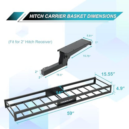 TOOENJOY 59" x 15.5" x 5" Skinny Roof Cargo Carrier Basket, Foldable and Tilting Design, 200 LBS Capacity, Fits 2" Hitch Receiver for SUV Pickup Truck - size: L59 x W15.5 Inch with Hitch