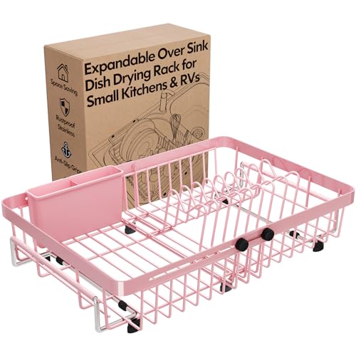 MAJALiS Pink Dish Drying Rack Over The Sink with Utensil Holder | Expandable Stainless Steel Dish Drainer for Small Kitchen, Apartment, RV, Counter Space Saving, Perfect Fit, Rustproof - color: Pink, size: For 13-30" W Sink