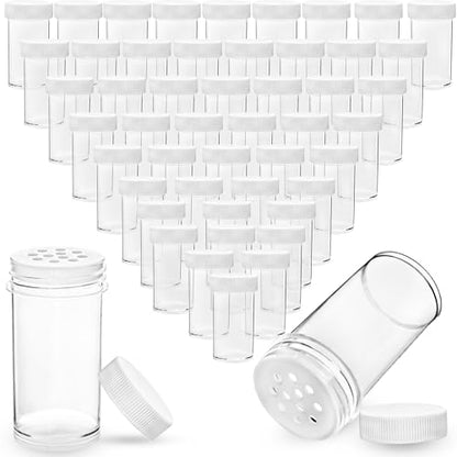 50 Pack 1 oz Mini Plastic Spice Jars with White Caps Clear Round Spice Bottles with Sifters Small Empty Seasoning Containers for Travel Home Storing Spice Seasoning Powders - color: white and clear