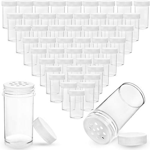 50 Pack 1 oz Mini Plastic Spice Jars with White Caps Clear Round Spice Bottles with Sifters Small Empty Seasoning Containers for Travel Home Storing Spice Seasoning Powders - color: white and clear