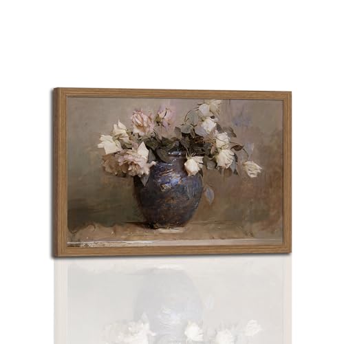 Framed Floral Canvas Wall Art, Vintage Vase Flowers Pictures Wall Decor, Rustic Farmhouse Pink Roses Poster Prints for bedroom Living Room Bathroom Dining Room Decor wooden frame 12X16in - color: Farmhouse Pink Roses, size: 12x16 Inches