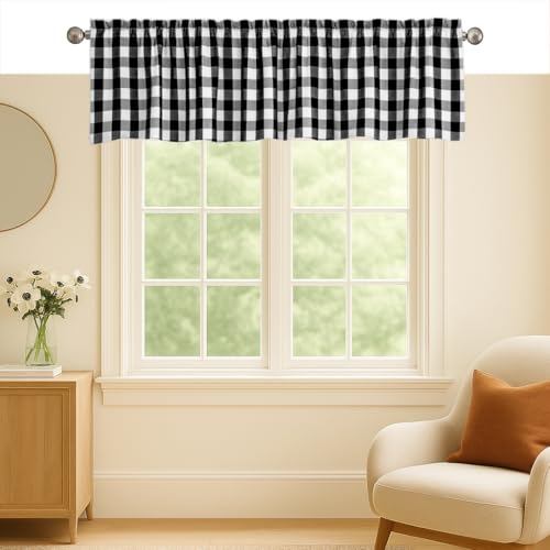 Black and White Valance Curtains, 2 Pack, 54x18 Inches, 100% Cotton Window Valances with Rod Pocket, Rustic Farmhouse Short Curtain for Kitchen, Bedroom, Bathroom and Living Room - color: Black, Gingham, size: 18"W x 54"L (Pack of 2)