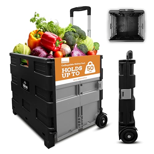 Inspired Living Ultra-Slim Rolling Collapsible Storage Pack-N-Roll Utility-carts, with Telescopic Handle, for Home, Garden, Shopping, Office, School use, Medium, Grey & Black - color: Gray, size: Medium/ No Lid
