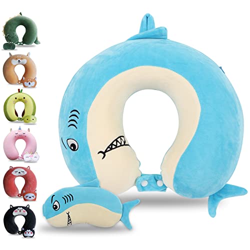 Sexysamba Cartoon Headrest & Neck Pillow for Kids Boys & Girls, Teens, Travel Accessories for Airplane, Car, Recline, Memory Foam Cute Travel Pillow with Sleep Eye Mask - Shark - color: Shark