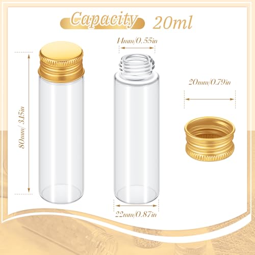 Didaey 100 Pcs Small Clear Vials Spice Mini Jars with Lids Mini Glass Bottles with Screw Aluminum Metal Caps Tiny Jars Sample Containers for Powder Cream Cosmetic Jewelry Wedding (20 ml,Gold Caps) - color: Gold Caps, size: 20 ml
