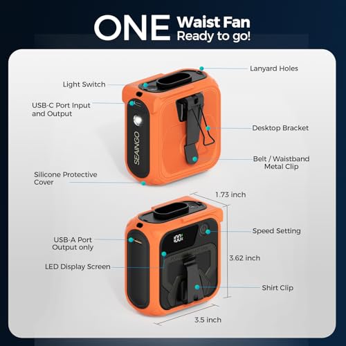 SEAINGO Portable Waist Fan Rechargeable – 10000mAh, 42 ft/s Max, 5 Speeds 16000RPM, Personal Cooling Wearable Clip Body Belt Shirt Fans, Hanging Neck Fan with Light - color: Bright Orange