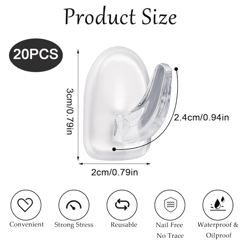 Nogeqi 20 PCS Clear Adhesive Hooks for Hanging, Plastic Small Acrylic Sticky Wall Hooks with Non Marking Sticker for Home Kitchen Bathroom Bedroom Office