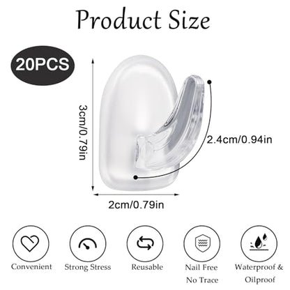 Nogeqi 20 PCS Clear Adhesive Hooks for Hanging, Plastic Small Acrylic Sticky Wall Hooks with Non Marking Sticker for Home Kitchen Bathroom Bedroom Office